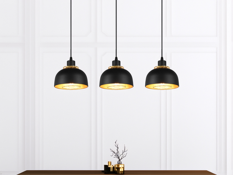 Pendelleuchte PUNCH 3-flammig Metall Schwarz Gold mit Drahtgeflecht, Breite 68cm