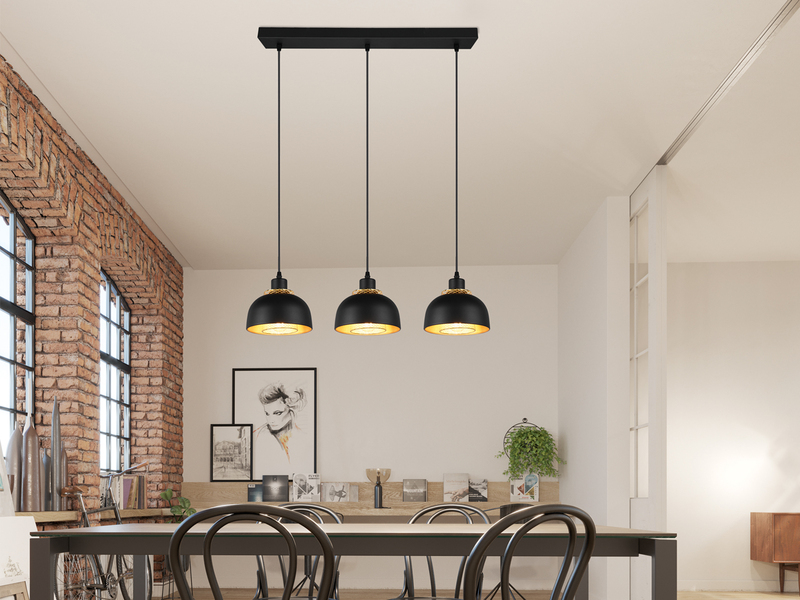 Pendelleuchte PUNCH 3-flammig Metall Schwarz Gold mit Drahtgeflecht, Breite 68cm