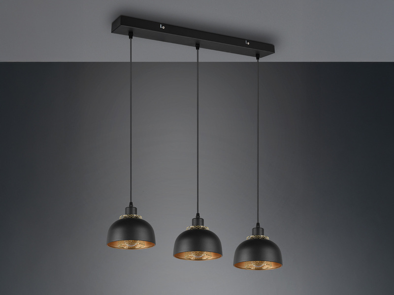 Pendelleuchte PUNCH 3-flammig Metall Schwarz Gold mit Drahtgeflecht, Breite 68cm