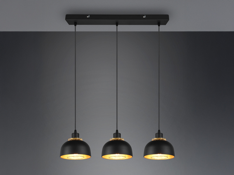Pendelleuchte PUNCH 3-flammig Metall Schwarz Gold mit Drahtgeflecht, Breite 68cm