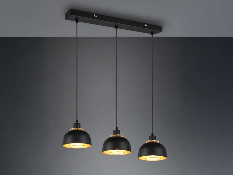 LED Pendelleuchte Metall Schwarz Gold mit Drahtgeflecht, Breite 68cm
