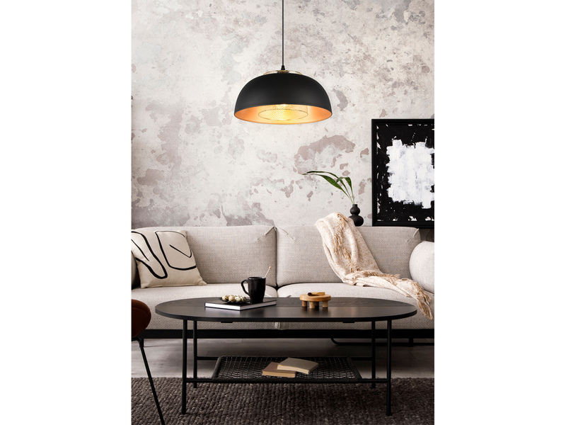 Pendelleuchte PUNCH 1-flammig Metall Schwarz Gold mit Drahtgeflecht, Ø 35cm