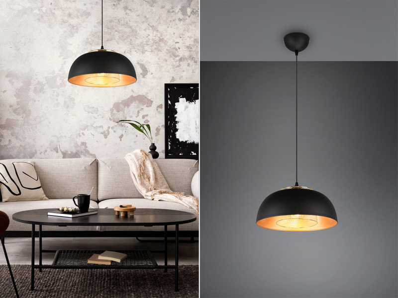 Pendelleuchte PUNCH 1-flammig Metall Schwarz Gold mit Drahtgeflecht, Ø 35cm