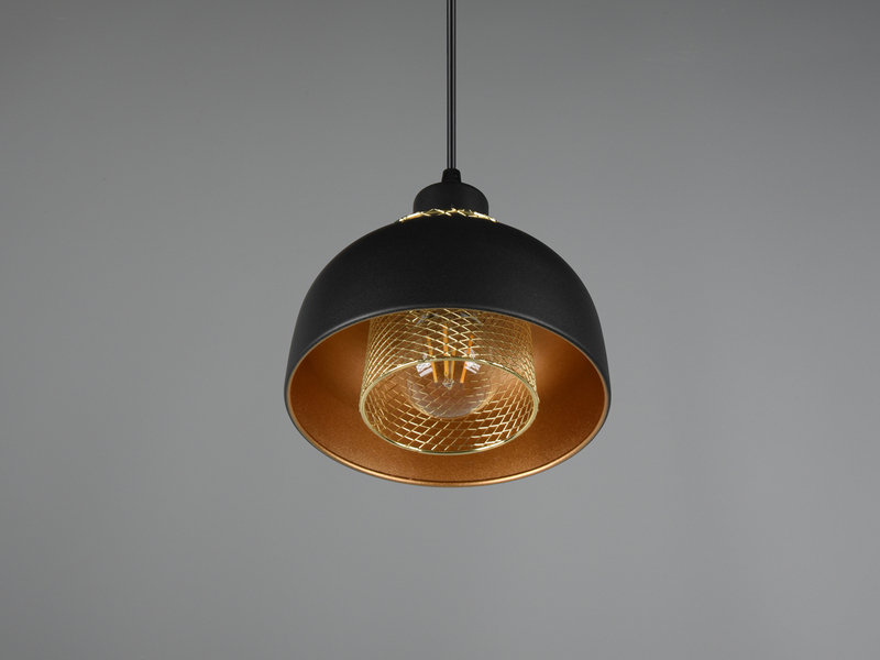 Pendelleuchte PUNCH 1-flammig Metall Schwarz Gold mit Drahtgeflecht, Ø 18cm