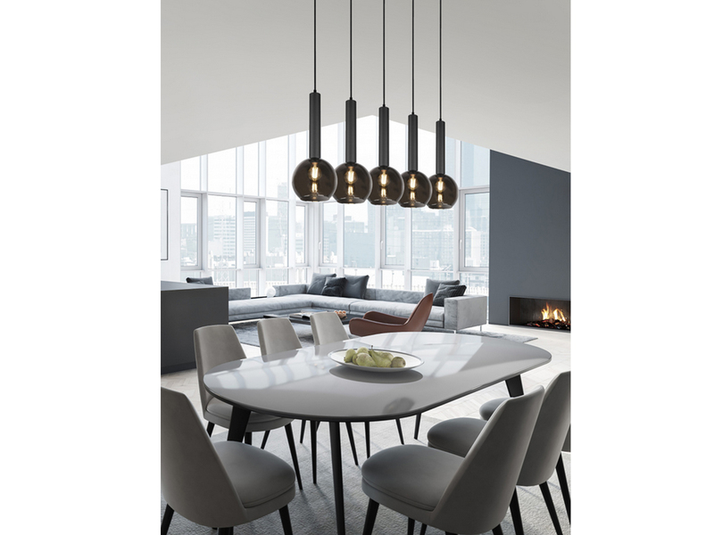 Pendelleuchte CLAYTON Industrial 5 flammig mit Rauchglas Kugeln, Breite 115cm