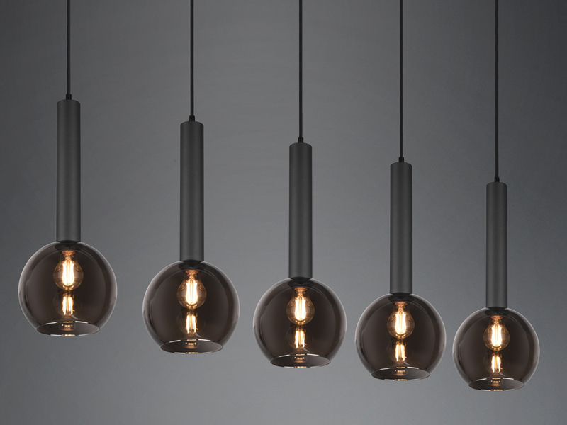 Pendelleuchte CLAYTON Industrial 5 flammig mit Rauchglas Kugeln, Breite 115cm