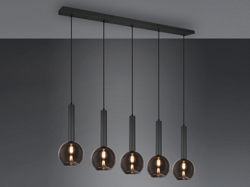 Pendelleuchte CLAYTON Industrial 5 flammig mit Rauchglas Kugeln, Breite 115cm
