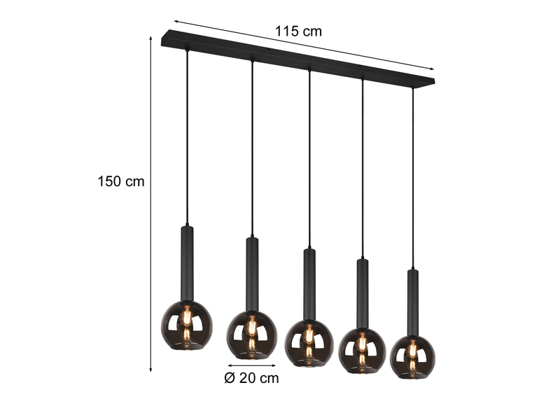 Pendelleuchte CLAYTON Industrial 5 flammig mit Rauchglas Kugeln, Breite 115cm