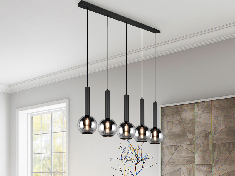 Pendelleuchte CLAYTON 5-flammig lang mit Rauchglas Glaskugeln, Breite 115cm