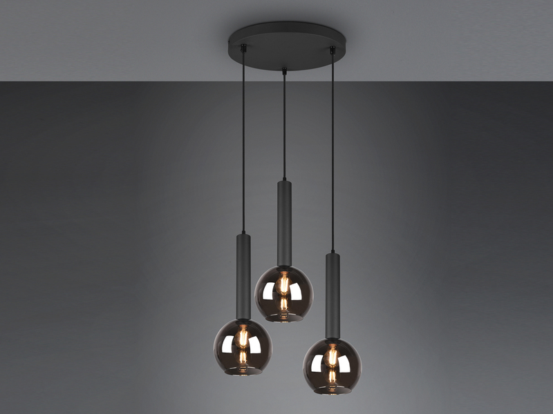 Cluster Pendelleuchte CLAYTON 3-flammig mit Rauchglas Glaskugeln, Ø 45cm