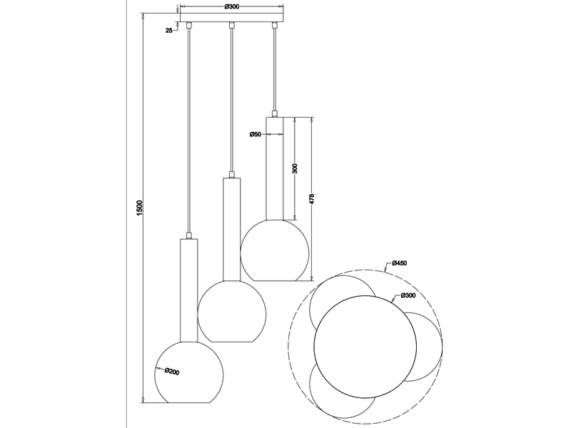 Cluster Pendelleuchte CLAYTON 3-flammig mit Rauchglas Glaskugeln, Ø 45cm