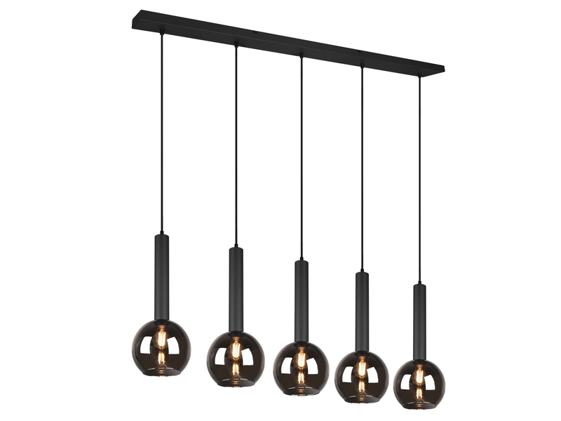 LED Balken Pendelleuchte Industrial 5 flammig Rauchglas-Kugeln Breite 115cm