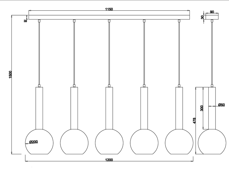 LED Balken Pendelleuchte Industrial 5 flammig Rauchglas-Kugeln Breite 115cm