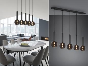 LED Pendelleuchte Industrial 5 flammig Rauchglas-Kugeln Breite 115cm