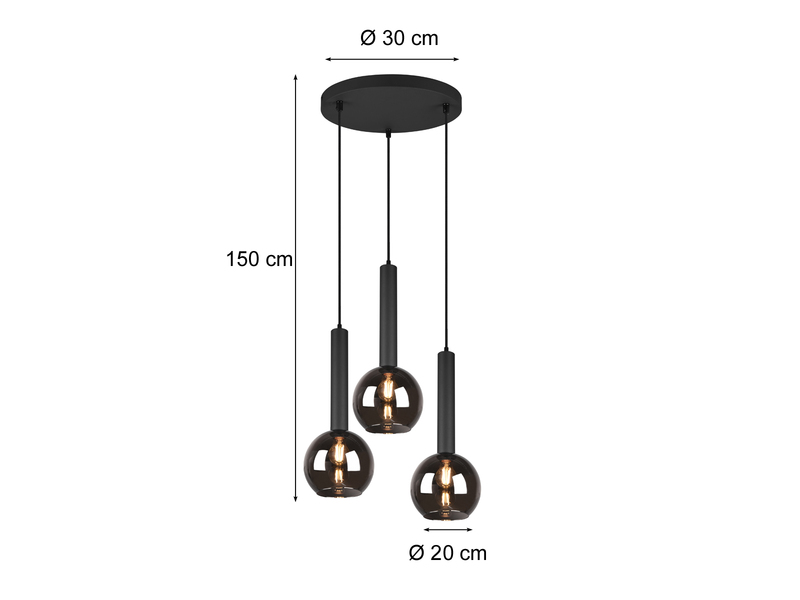 LED Pendelleuchte Industrial 3 flammig Rauchglas-Kugeln Ø 45 cm