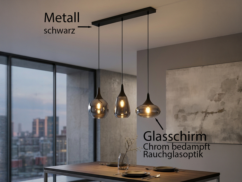 Pendelleuchte LUMINA 3-flammig Glas Chrom verspiegelt & Rauchglas Optik, B: 69cm