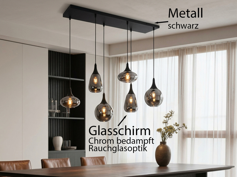 Pendelleuchte LUMINA 6-flammig Glas Chrom verspiegelt & Rauchglas Optik, B: 94cm