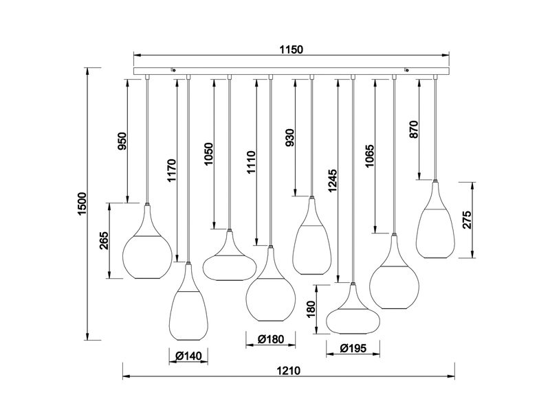Pendelleuchte LUMINA 8-flammig Glas Chrom verspiegelt & Rauchglas Optik B: 121cm
