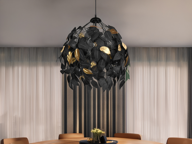 LED Pendelleuchte mit Blätter Lampenschirm Schwarz Gold Ø 38cm