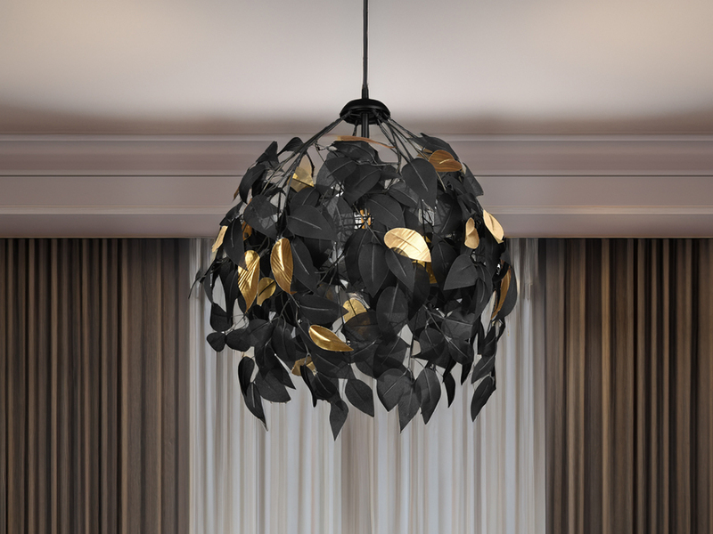 LED Pendelleuchte mit Blätter Lampenschirm Schwarz Gold Ø 38cm