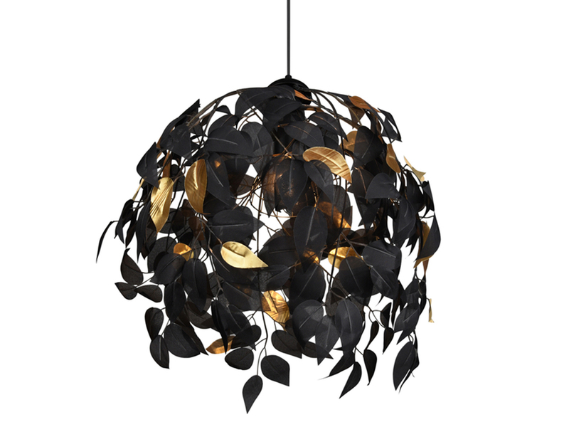LED Pendelleuchte mit Blätter Lampenschirm Schwarz Gold, Ø 38cm