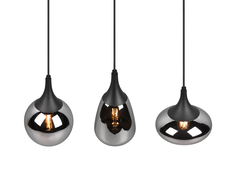 Pendelleuchte 3 flammig Glas Chrom in Rauchglas Optik mit E14 LED, Breite 69cm