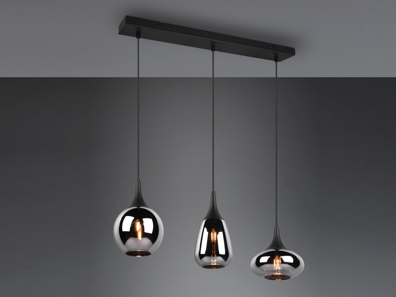 Pendelleuchte 3 flammig Glas Chrom in Rauchglas Optik mit E14 LED, Breite 69cm