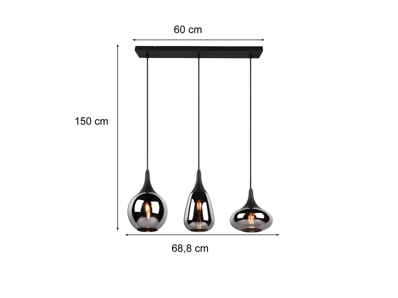 Pendelleuchte 3 flammig Glas Chrom in Rauchglas Optik mit E14 LED, Breite 69cm