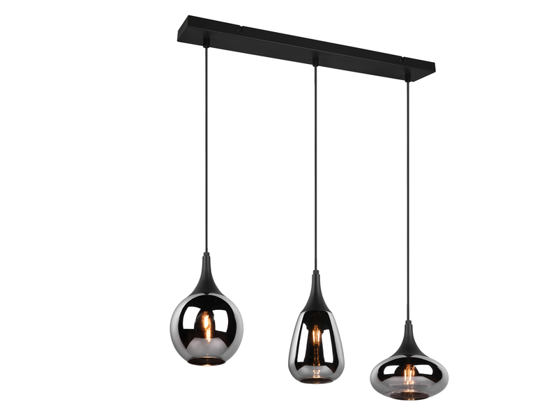 Pendelleuchte 3 flammig Glas Chrom in Rauchglas Optik mit E14 LED, Breite 69cm