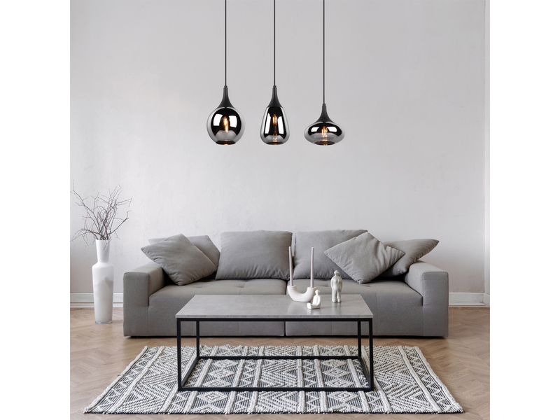 Pendelleuchte 3 flammig Glas Chrom in Rauchglas Optik mit E14 LED, Breite 69cm