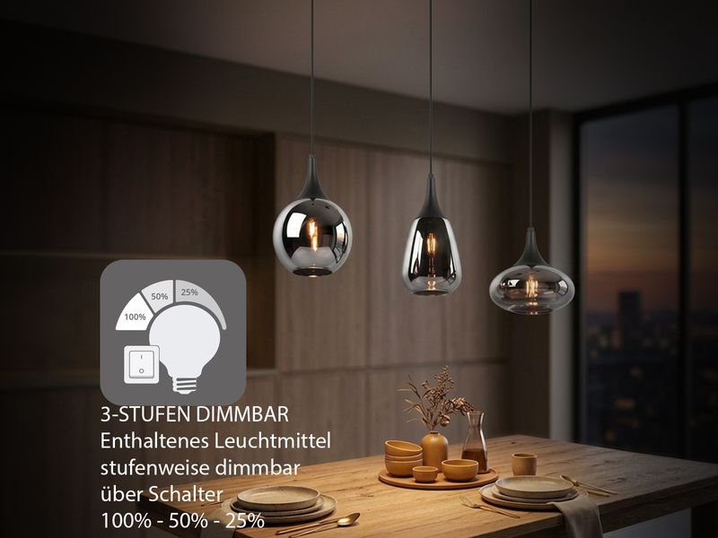 Pendelleuchte 3 flammig Glas Chrom in Rauchglas Optik mit E14 LED, Breite 69cm