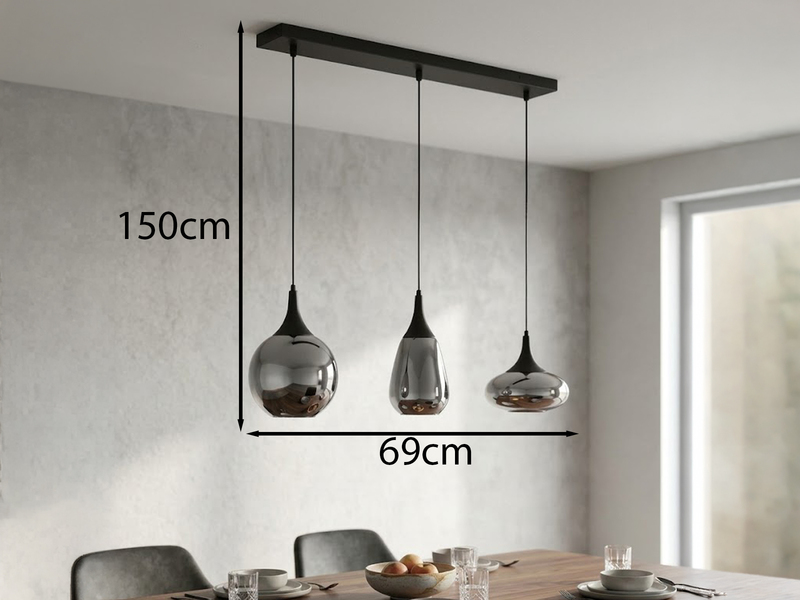Pendelleuchte 3 flammig Glas Chrom in Rauchglas Optik mit E14 LED, Breite 69cm