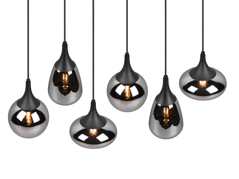 LED Pendelleuchte 6 flammig Glas Chrom verspiegelt & Rauchglas Optik, B: 93cm