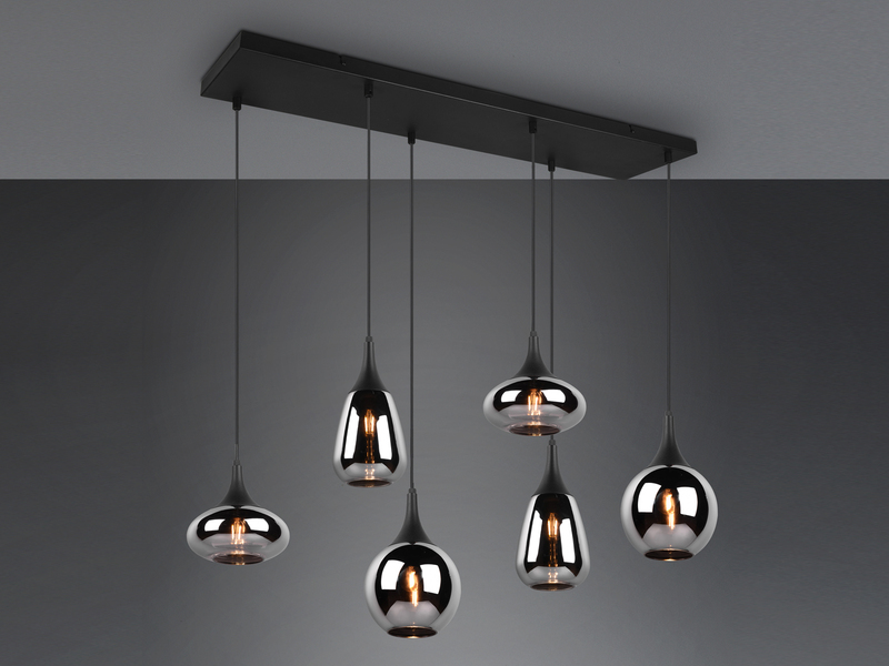 LED Pendelleuchte 6 flammig Glas Chrom verspiegelt & Rauchglas Optik, B: 93cm