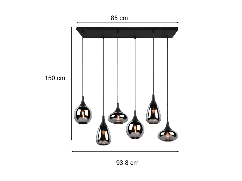 Pendelleuchte 6-flammig Glas Chrom in Rauchglas Optik mit E14 LED, Breite 94cm