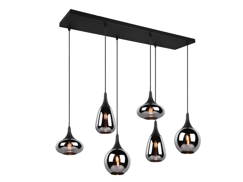 LED Pendelleuchte 6 flammig Glas Chrom verspiegelt & Rauchglas Optik, B: 93cm