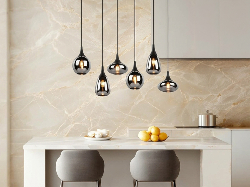 Pendelleuchte 6-flammig Glas Chrom in Rauchglas Optik mit E14 LED, Breite 94cm