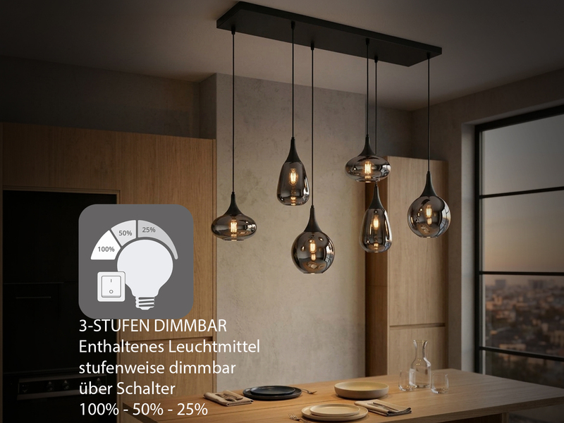 Pendelleuchte 6-flammig Glas Chrom in Rauchglas Optik mit E14 LED, Breite 94cm