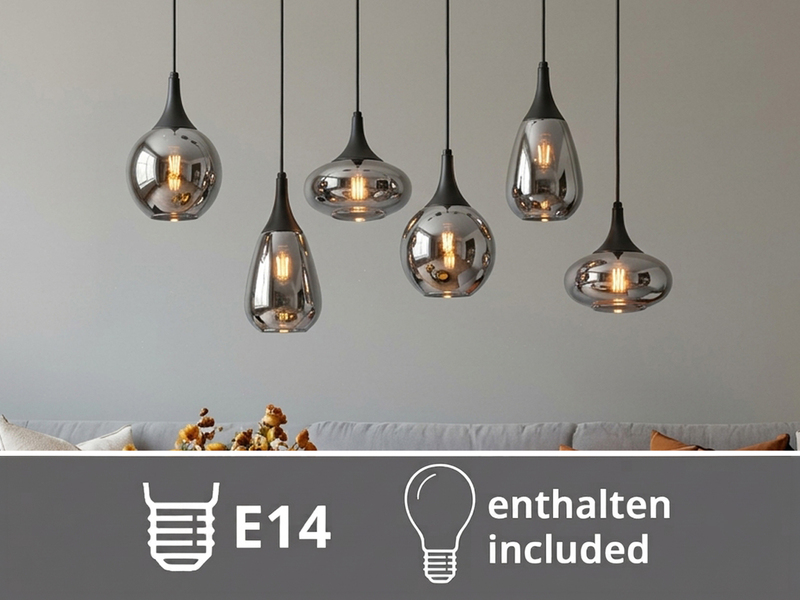 Pendelleuchte 6-flammig Glas Chrom in Rauchglas Optik mit E14 LED, Breite 94cm