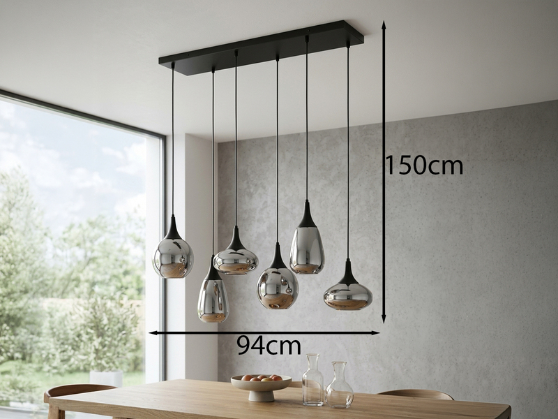 Pendelleuchte 6-flammig Glas Chrom in Rauchglas Optik mit E14 LED, Breite 94cm