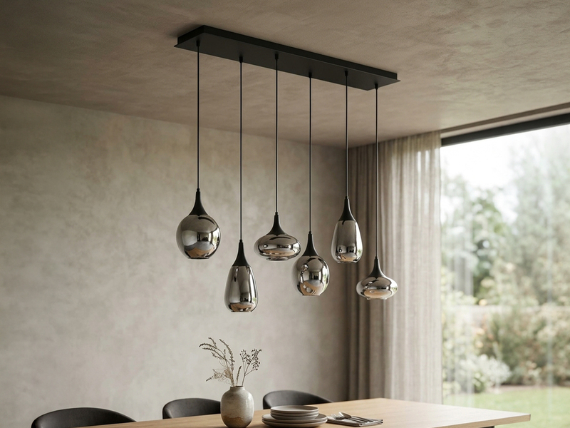 Pendelleuchte 6-flammig Glas Chrom in Rauchglas Optik mit E14 LED, Breite 94cm