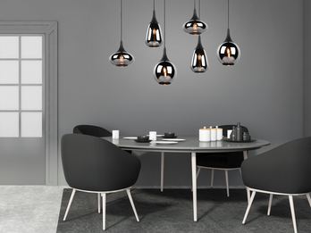 Pendelleuchte 6-flammig Glas Chrom in Rauchglas Optik mit E14 LED, Breite 94cm Pendelleuchte 6-flammig Glas Chrom in Rauchglas Optik mit E14 LED, Breite 94cm