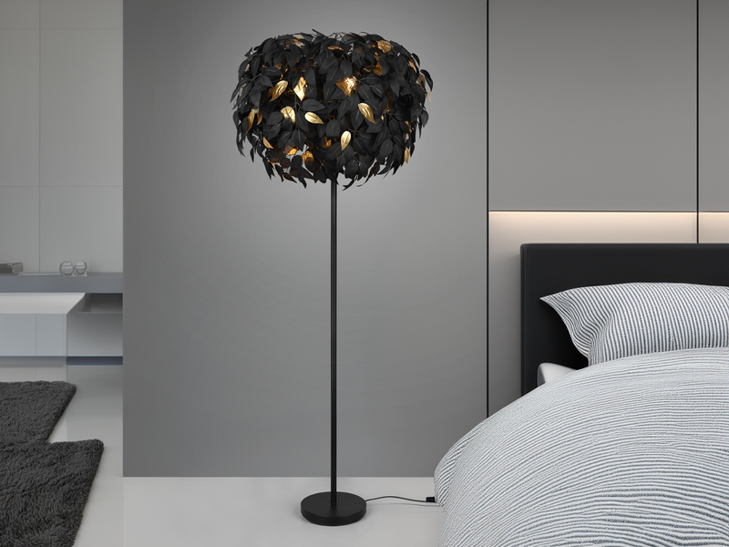 Große LED Stehleuchte mit Blätter Lampenschirm Schwarz Gold, Höhe 180cm