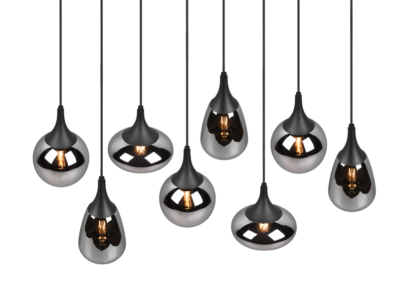 LED Pendelleuchte 8 flammig Glas Chrom verspiegelt & Rauchglas Optik, B: 121cm