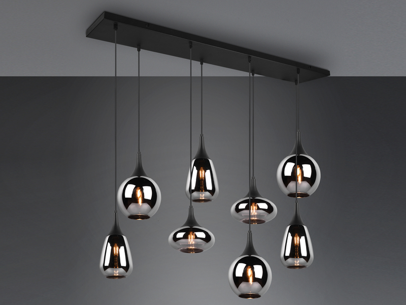 LED Pendelleuchte 8 flammig Glas Chrom verspiegelt & Rauchglas Optik, B: 121cm