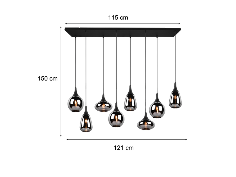 LED Pendelleuchte 8 flammig Glas Chrom verspiegelt & Rauchglas Optik, B: 121cm