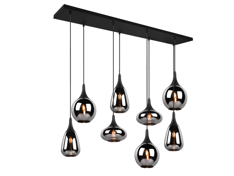 LED Pendelleuchte 8 flammig Glas Chrom verspiegelt & Rauchglas Optik, B: 121cm