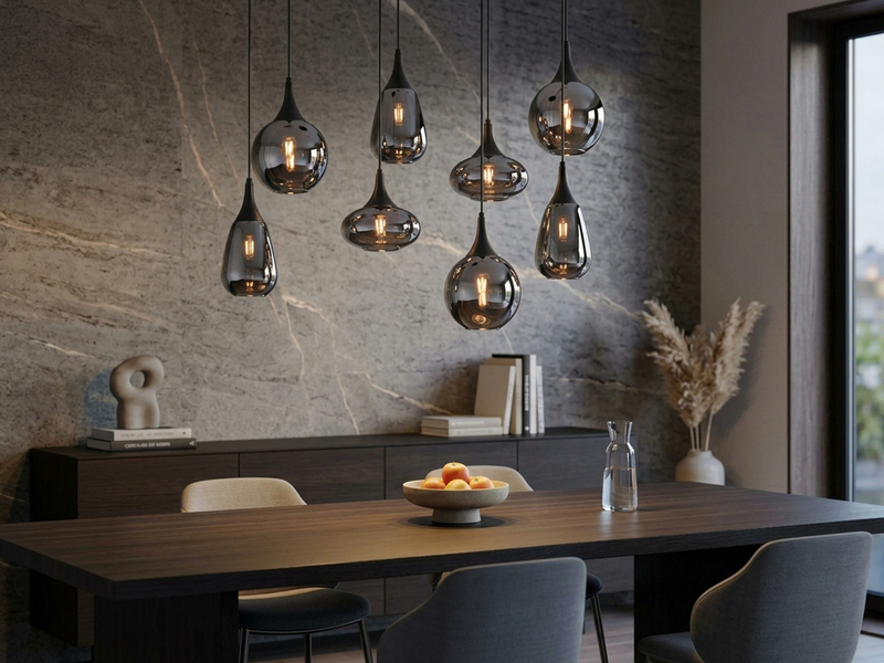 Pendelleuchte 8-flammig Glas Chrom in Rauchglas Optik mit E14 LED, Breite 121cm