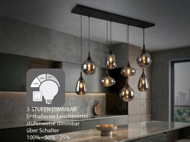 Pendelleuchte 8-flammig Glas Chrom in Rauchglas Optik mit E14 LED, Breite 121cm