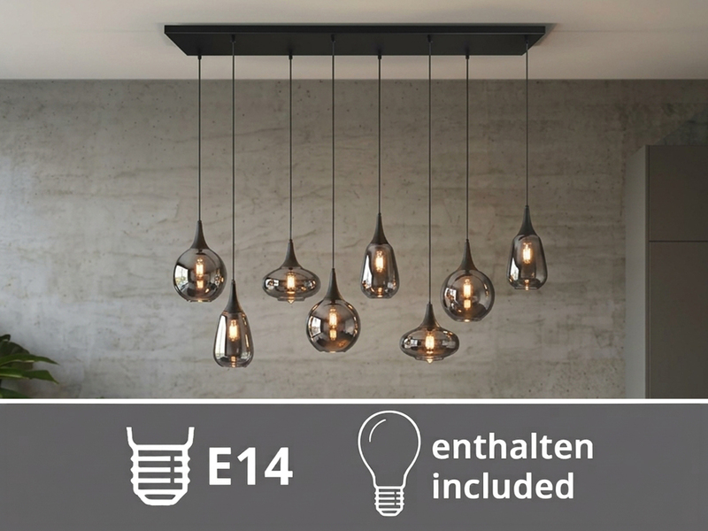 Pendelleuchte 8-flammig Glas Chrom in Rauchglas Optik mit E14 LED, Breite 121cm